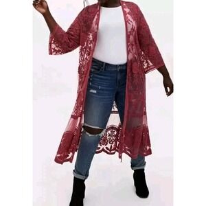 Torrid‎ Long Lace Floral Embroidered Maxi Mesh Duster Kimono Cover Up